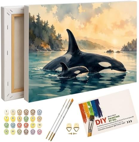 ENTORLAB Marine Wildlife Digital Painting Kit for Adults - DIY Orca Whale Family Oil Painting on Canvas 16X20IN Framed, Acrylic Paint Kit, Good for Beginners, Coastal Home Decor or Gift Artwork