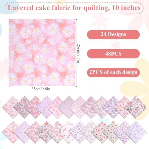 48 Pcs 10 x 10 Inches Pink Floral Cotton Fabric Bundles, Precut Pink Retro Floral Fabric Squares, Spring Quilting Patchwork, Flower Leaves Sewing Fabrics, Assorted Pattern Cloth for DIY Craft Handmade