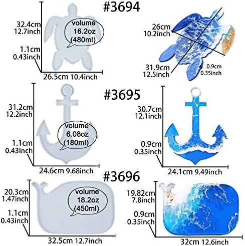 Epoxy Resin Silicone Tray Molds Turtle Whale Anchor for Serving Board, Platter, Wall Hanging, Concrete, Cement, Polymer Clay 3-in-Set Extra Large Length 12.5inch