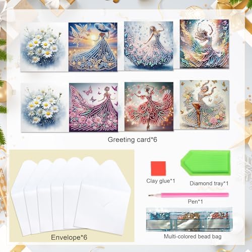 antor 6 Pcs 5D Diamond Painting Greeting Cards Kits, Elegant Lady DIY Diamond Art Cards with Envelopes, Handmade Rhinestone Greeting Card Set for Birthdays & Holidays