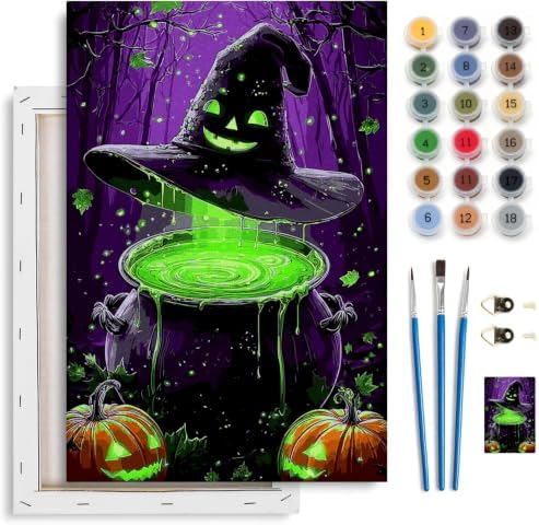 Spandrel Halloween Witch Magic Potion Paint by Numbers Kit for Adults, Witch Hat Dark Purple Forest Gothic DIY Canvas Oil Painting Wall Decor Halloween Holiday Gift, 8x12in