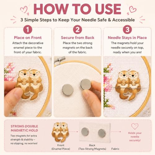 Needle Minder for Keeping Sewing & Embroidery Needles – Magnetic Needlepoint Holder, Cross Stitch Supplies – Secure & Decorative Needle Minders for Stitching & Crafting (Cute Otters)