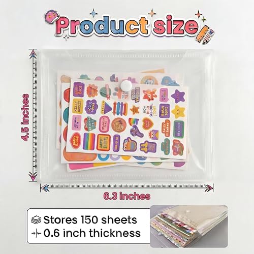Sticker Organizer, Clear Plastic Envelopes with Snap, 12 Pack Waterproof and Durable for Sticker Storage, Scrapbook Storage, Washi Tape, Scrapbooking & Stamping Supplies (6.3×4.5 Inches)