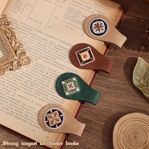 4PCS Vintage Magnetic Leather Bookmark, Leather Magnetic Bookmarks for Women, Magnetic PU Bookmarks Clip Book Accessories, Embroidery Pattern