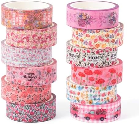 Mother's Day Washi Tape - 12 Rolls Daisy Floral Bouquet Vintage Truck Love Mom Message Designs Acid Free Repositionable Adhesive for Scrapbook Gift Wrapping Card Making Journal Supplies