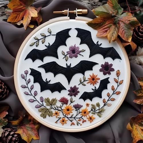 Floral Witch Hat Embroidery Kit Halloween Cross Stitch Material Set with Bat Skull Flower Pumpkin Patterns, DIY Hand Needlepoint Embroidery Craft Kit for Beginners Professional (Floral Bats)