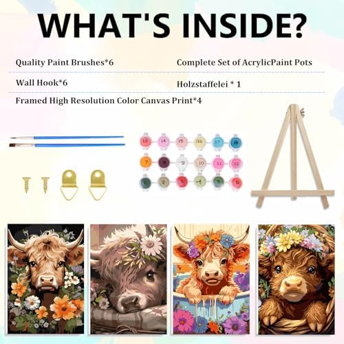 4 Pack Highland Cow Framed Paint by Numbers Kit for Adults, 10x12 inch