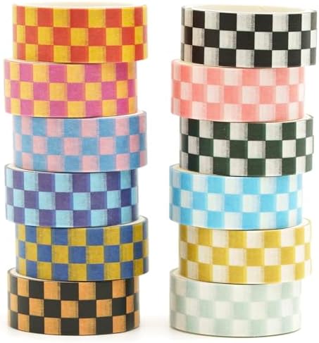 12 Rolls Grid Washi Tape Set Plaid Arts Adhesive Tapes Basic Patterns Decorative Masking Tape Sets for Craft, Kids, Scrapbook, DIY, Gift Wrapping (Style Two)