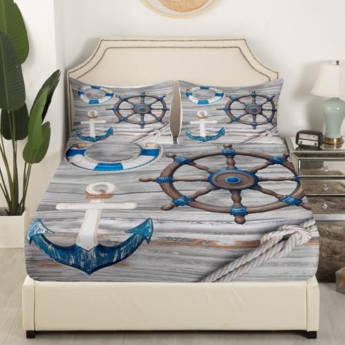 Manfei Nautical Style Sheet Set Anchor Rudder Rope Bedding Set Retro Wood Grain Print Bed Sheets Teens Room Decor Gray Blue (Twin Flat & Fitted Sheet with 1 Pillow Case)