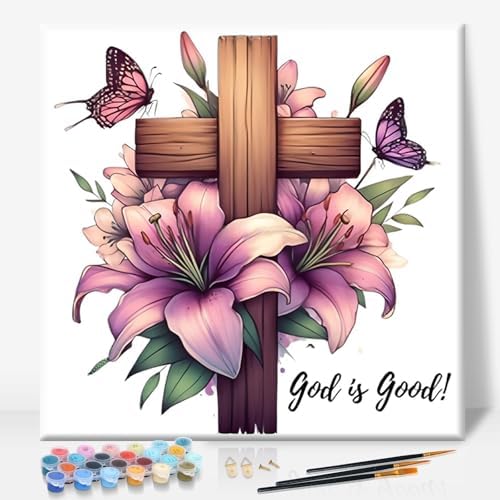 Camocin Framed Paint by Numbers Kit for Adults Beginner - Religious Cross and Lily Paint by Number Canvas with Frame, Faith DIY Acrylic Painting Kit for Christian Home Wall Decor 12x12 Inch