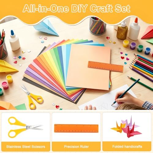 250 Sheets 8.5" X 11" Colored Cardstock, 50 Assorted Colors 180 GSM/65 LB Construction Paper, Craft Set with Scissors and Ruler, Printer Paper for Scrapbooking, DIY Crafts and Decorations