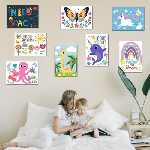 goldentime 8 Packs 5x7 Pre Drawn Canvas Set,Paint by Numbers for Kids,48 Paints 8 Brushes 2 Easels,Pre-Printed Acrylic Oil Painting Kit Ages 8-12 9-12 4-8