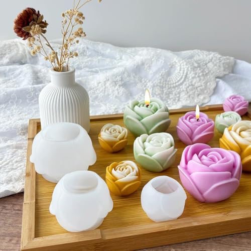 Konrisa 3 Size Rose Candle Making Molds, Flower Resin Molds, Silicone Molds for Epoxy Resin Craft,Candle Making, Cake Molds