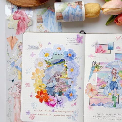 WT Pre-Cut Morning Dew Wide Washi Tape, Single Roll, Original Rainy Day Illustration Designs, Decorative Japanese Paper Tape for Journaling, Scrapbooking, Planner & DIY Crafts, 65mm×5m