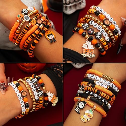 BBita 2088pcs Halloween Polymer Clay Beads Bracelet Making kit, 24 Style Cute Fun Beads Skull Pumpkin Beads Charms for Jewelry Necklace Earring Making DIY Accessories for Women Girls