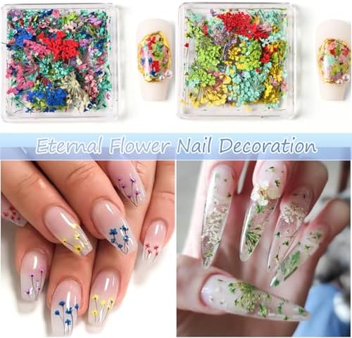 4 Boxes 3D Dried Flowers for Nails, Mini Dried Flowers Nail Stickers Decals