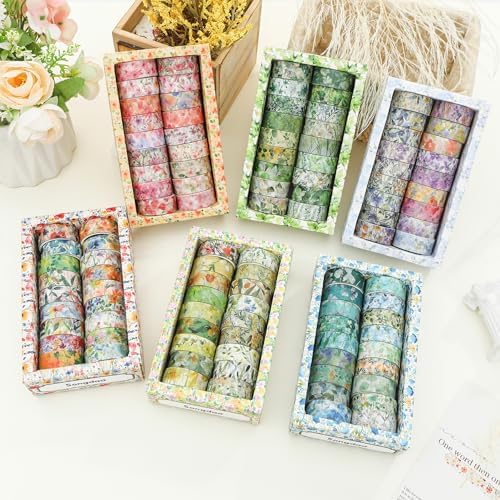 18 Rolls Blossom Washi Tape Set Floral Arts Adhesive Tapes Flowers Garden Decorative Masking Tape Sets for Craft, Kids, Scrapbook, DIY, Gift Wrapping (Golden Harvest)