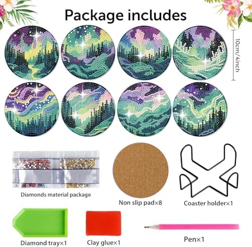 8 Pack Diamond Art Coasters,Northern Lights Diamond Painting Coasters Kits