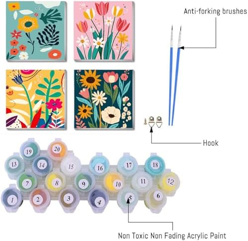 FQOVKYN 4 Pack Paint by Numbers Kit for Adults with Frame Flower Easy, Abstract Art Floral Framed Painting by Numbers on Canvas, DIY Acrylic Watercolor Oil Paint Kits for Home Decor 8 x 8 Inch