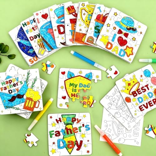 24 Set Fathers Day Crafts for Kids Classroom Bulk, Father's Day Arts DIY Jigsaw Puzzle with Shirt Hat Crown, Summer Camp Best Dad Activity Painting Kit for School Gifts Coloring Games Party Favors