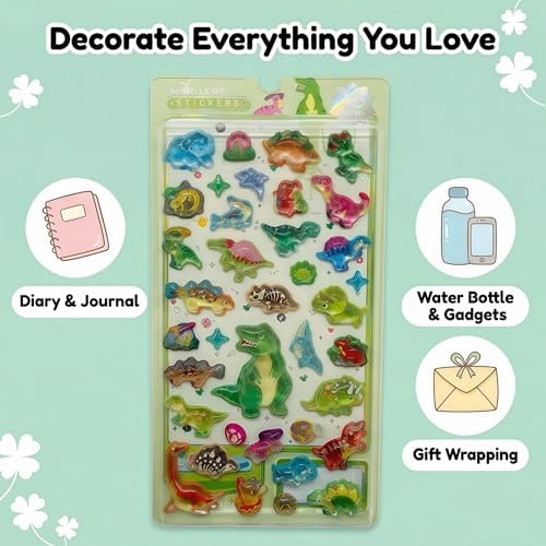 【4 Sheets】 Airy 3D Puffy Stickers,Dinosaur Resin Decorative Stickers, Cute Small Stickers for Kids，Girls, Adults, Reusable Tiny Stickers for Phone Case, Notebook - Perfect for Craft and GIF (Tender)
