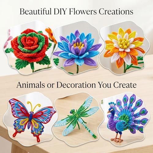 800 PCS Pipe Cleaners Flower Kit - 8 Colors Thickened Chenile Stems Craft Kit with Stems, Tape, Stamens, Manual, Greeting Card, Beauty DIY Flowers Gifts for Family Crafts, Party Holiday Decor