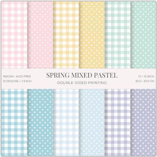 24 Sheets Pink Spring Pastel Essential Patterns Scrapbook Paper Pad - 12x12 inch 160GSM Heavyweight Cardstock, Double-Sided Polka Dot, Gingham Designs for Card Making, DIY Crafts, Photo Album