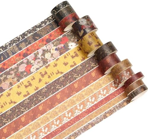 12 Rolls Chinoiserie Washi Tape Set Chinese Arts Adhesive Tapes Geometric Garden Decorative Masking Tape Sets for Craft, Kids, Scrapbook, DIY, Gift Wrapping (Echoes of Loulan)