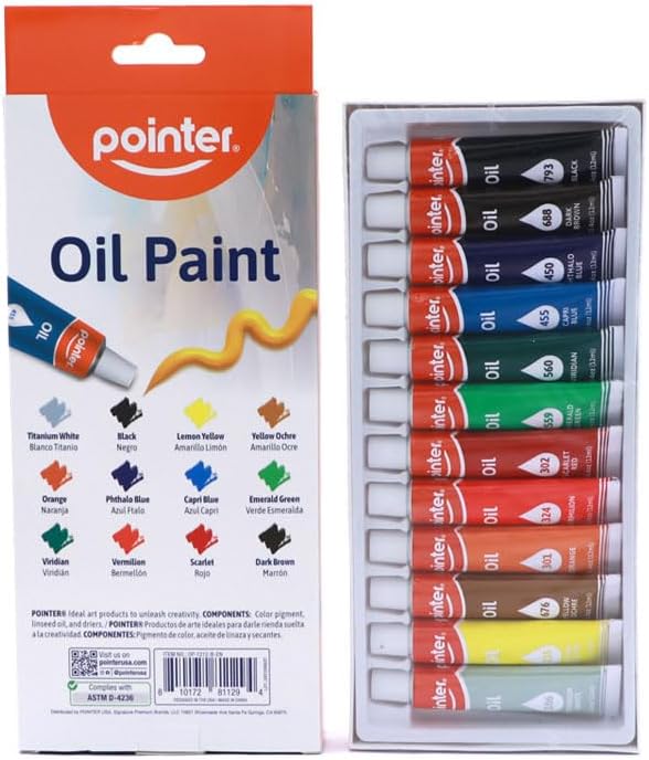 Pointer ArtPRO Oil Paint Set, 12 Colors, 0.4oz Tubes, Smooth Creamy Texture for Canvas and Fine Art