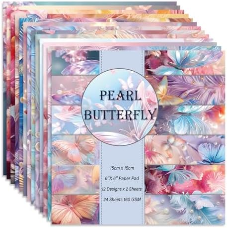 6x6" Cardstock Single Sided Scrapbooking,Craft Decorative Scrap Book Paper | 160gsm,24-Sheet 12Patterns Colored Paper,Junk Journal Supplies,Vivid Origami Papers DIY Craft Gift Wrapping Album.Pearl-hudie