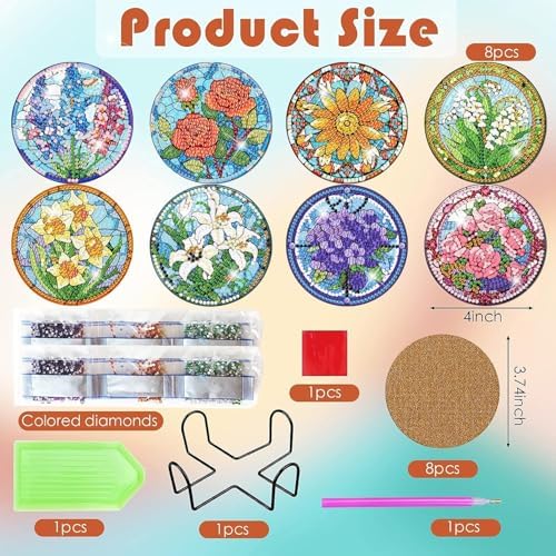 ijbnhd 8 PCS Flowers Diamond Art Coasters (Cork Wooden Pad)