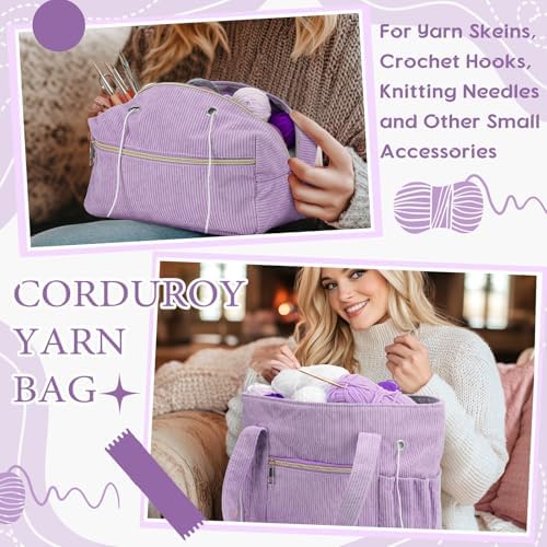 Bulyoou 2 Pcs Crochet Tote and Yarn Bag Set Corduroy Yarn Holder,Purple
