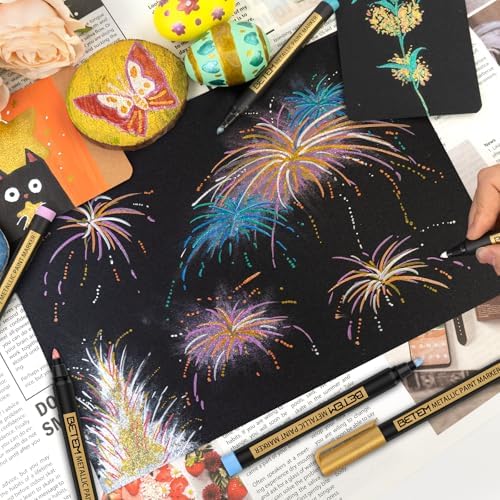 Betem Metallic Paint Markers, 18 Colors Acrylic Metallic Markers for Black Paper, 2mm Medium Tip Glitter Pens Scrapbooking Supplies, Teacher Appreciation Gift, Rock, Photo Albums, Card Making Kit