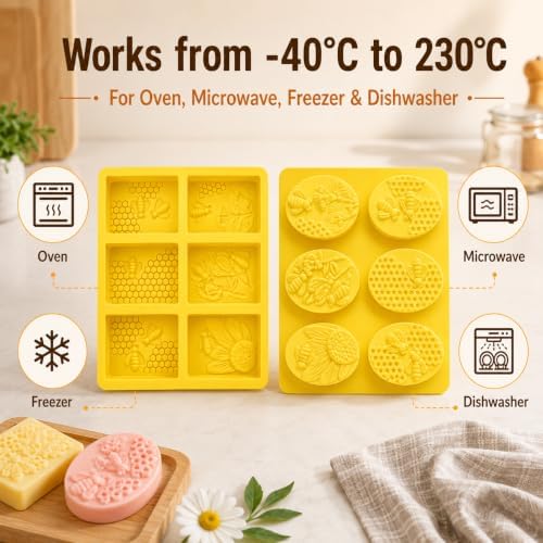 2 Pack 6 Cavity Bee Honeycomb Design, Rectangle & Oval Non-Stick Flexible Silicone Soap Molds for Soap, Wax Melts, Beeswax, Chocolate, Candle & Craft Making
