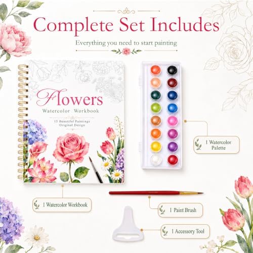 Watercolor Workbook for Beginners, 15 Beautiful Flower Water Coloring Book, Includes 24 Water Colors Workbooks Paint Set, Relaxing Art Projects and Creative Gift for Adults & Teen