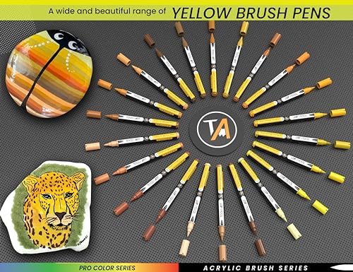 TOOLI-ART 22 Flexible Brush Tip Acrylic Paint Pens Markers Set 1-7mm Line for Rock Painting, Glass, Mugs, Wood, Metal, Canvas, Plastic. Non Toxic Waterbased Quick Drying Assorted Yellow