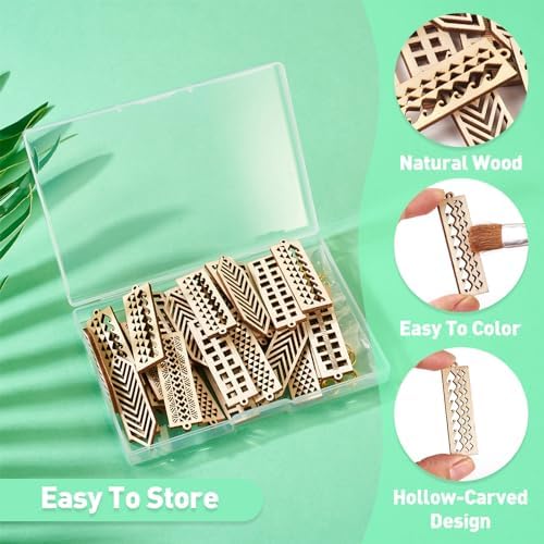 Elecrelive 30Pcs Rectangle Wooden Earring Charms Wood Filigree Charms