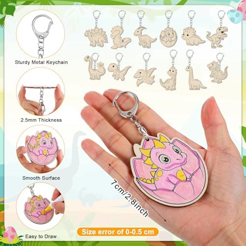 Trnayi 36 Pcs Dinosaur Unfinished Wood Keychain DIY Craft | Dinosaur Wooden Keychain, Color Your Own Unfinished Craft, Blank Wood Painting DIY Craft, for Birthday Home Handcraft Project