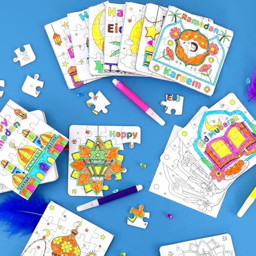 24 Pcs Ramadan Crafts for Kids, Eid Mubarak Arts and Crafts DIY Puzzle with Lanterns, Stars, Masjid, Moon, Castles, Ramadan Eid Activities Painting Kits for Islamic Gifts Party Favors & Goodies Bulk