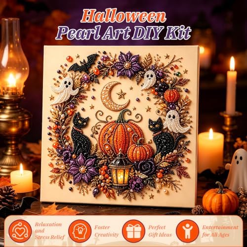Halloween Pearl Art Kit for Adults, Halloween Ghost Pearl Art DIY Kit, Cute Pumpkin 3D Diamond Art Kits for Adults, DIY Fall Diamond Art Painting Home Decor Wall Art, Beginner DIY Seasonal Party Gift