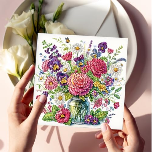 Diamond Art Cards with Envelopes–6PCS DIY Diamond Painting Greeting Cards Kit | Card Making Kit with Bling for Adults & Beginners | Birthday,Holiday & Thank You Cards (Bouquet)