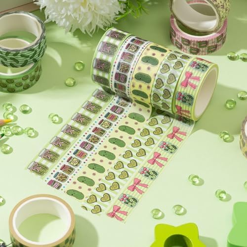 Funny Pickle Washi Tape - 12 Rolls Cucumber Pink Bow Decorative Tape Set for Teen Bookish, Green Pink Stripe Food Wrapping Paper DIY Art Crafts for Scrapbook Journal Birthday Gift Supplies