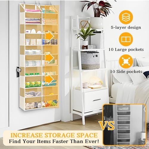 Ofiray-home Over the Door Organizer 5 Tiers,Extra Large Behind Door Storage of 10 Compartments,80 lbs Weight Capacity Over the Door Storage, Door Hanging Organizer for Closet, Diaper Organizer, Camel