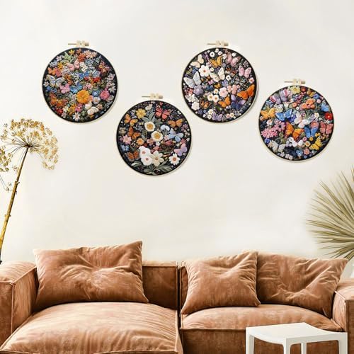LB 4 Pack Colorful Floral Embroidery Kit for Beginners Nature Butterfly Beginner Embroidery Kit for Adults DIY Starter Kit with Embroidery Hoop Colorful Threads Tools Step by Step Instructions