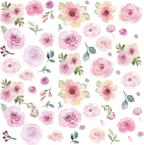 AOWDIAO 60 Pcs Flower Peel and Stick Wall Decals Watercolor Vinyl Peony Floral and Leaves Wall Stickers Pastel Flower Decor for Girls Bedroom Nursery Classroom Living Room