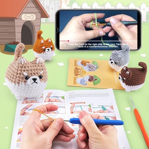 Crochet Kit for Beginners- 4 PCS Fat Shiba Inu Crochet Kits for Adults, 4PCS Corgi Dog Crochet Animal Kit with Step-by-Step Video Tutorials, Yarn, Crochet Hook, Instructions DIY Knitting Kit