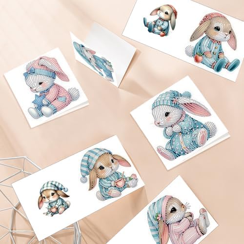 6pcs Diamond Art Painting Kit Greeting Card with Dress Bunny 5D DIY Diamond Handmade Holiday Greeting Card with Envelope, Holiday Gift Congratulation