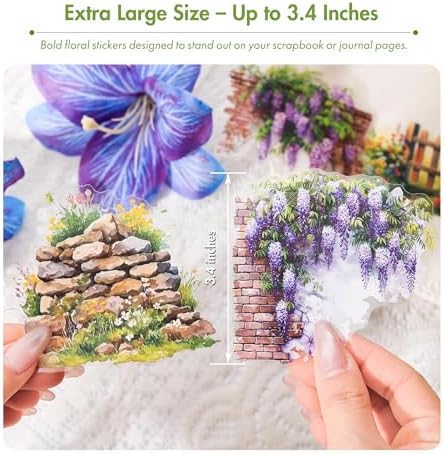 3.4" Large Flower Stickers for Scrapbooking – 60PCS Waterproof Wall &Floral Stickers for Journaling, Junk Journal Supplies, Card Making, DIY Crafts & Bullet Journal Planner
