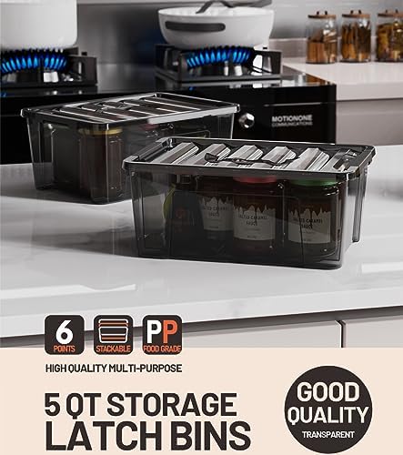 WYT 5-Quart Small Plastic Storage Container Bin with Secure Lids and Latch Buckles, Black Clear Durable Stackable Nestable Organizin, 6-Pack