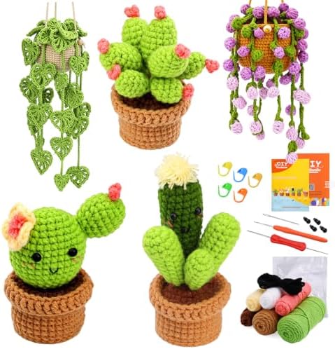 Huacan Crochet Kit for Beginners - 5 Styles Plant Crochet Kit with Step-by-Step Video Tutorials Easy to Learn Beginner Crochet Kit for Adults Gifts for Women